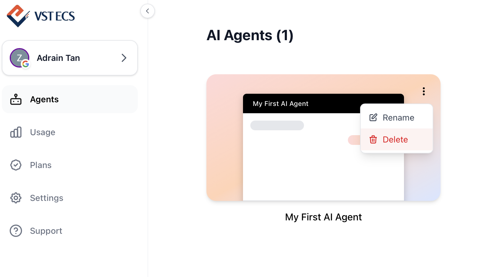 Agent dashboard with agents listed