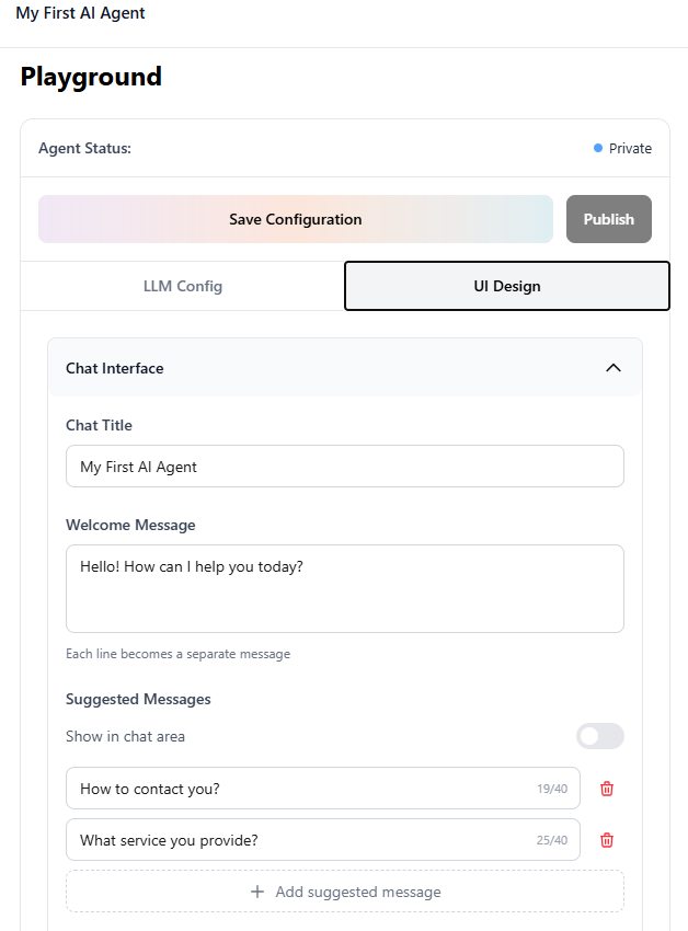 UI Design - Chat Title, Welcome Message, Suggested Messages