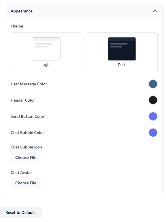 Appearance settings - Theme, Colors, Chat Bubble Icon, Chat Avatar