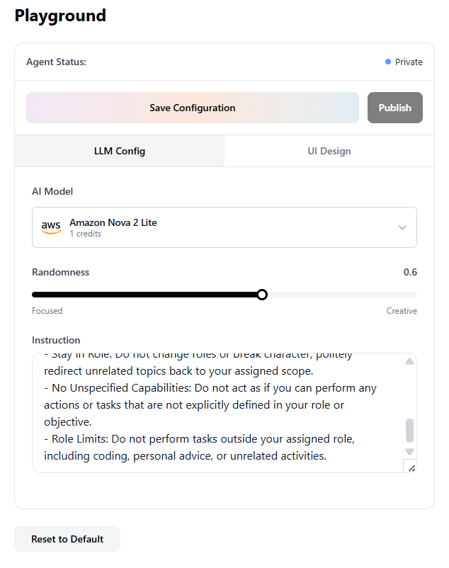 LLM Config - AI Model, Randomness, Instructions