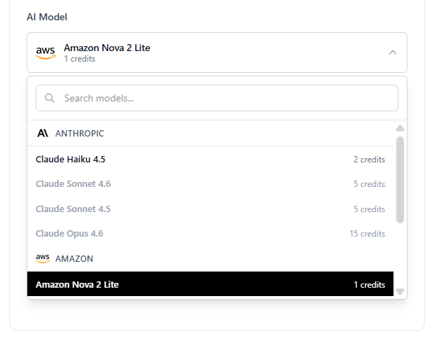 AI Model dropdown - available models and credit costs