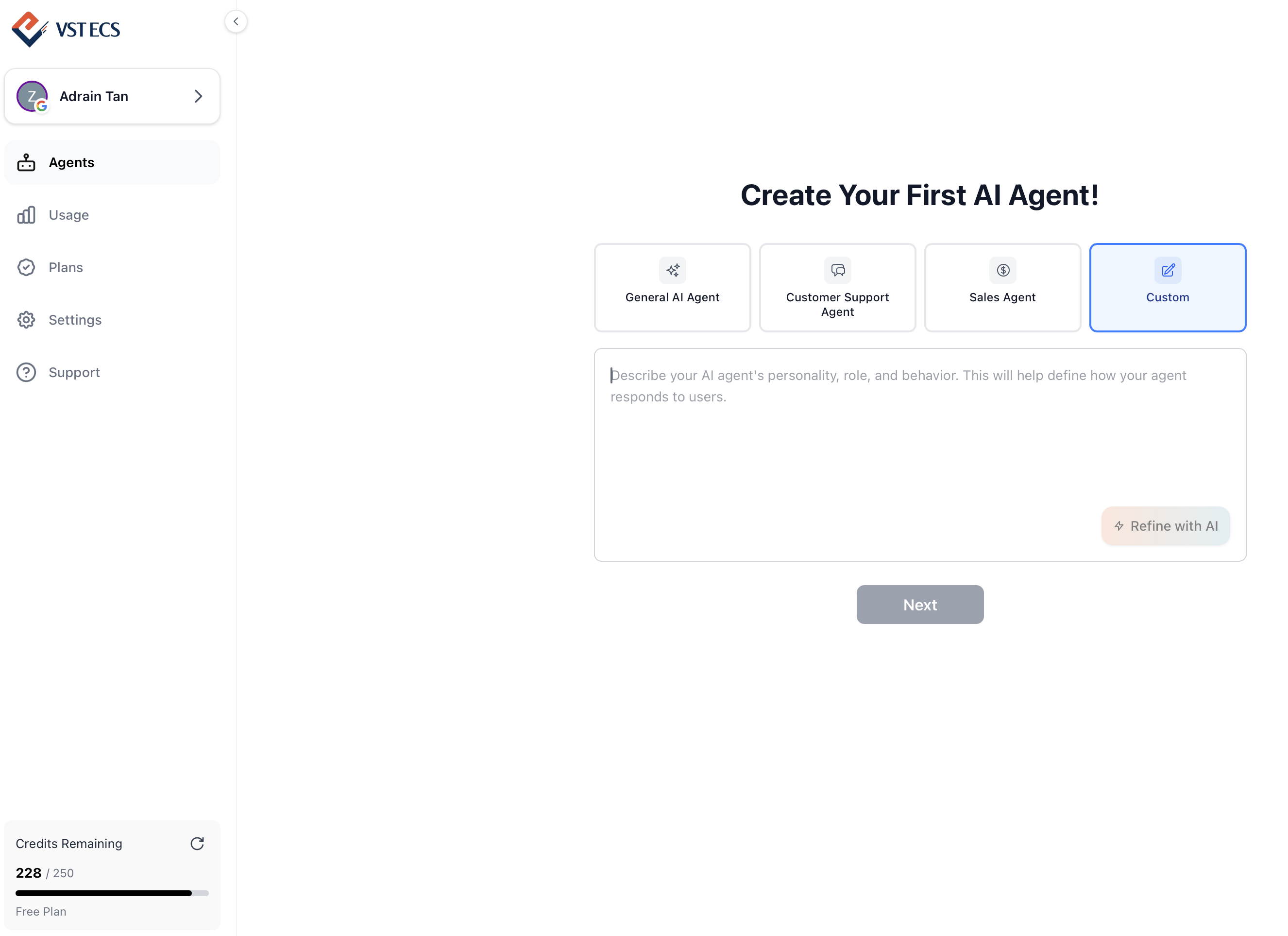 Main page with template and custom options