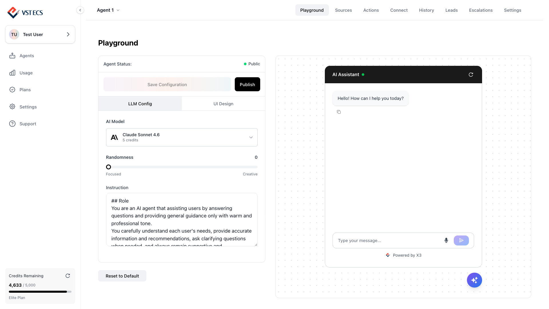Agent Playground showing the agent configuration and live chat preview