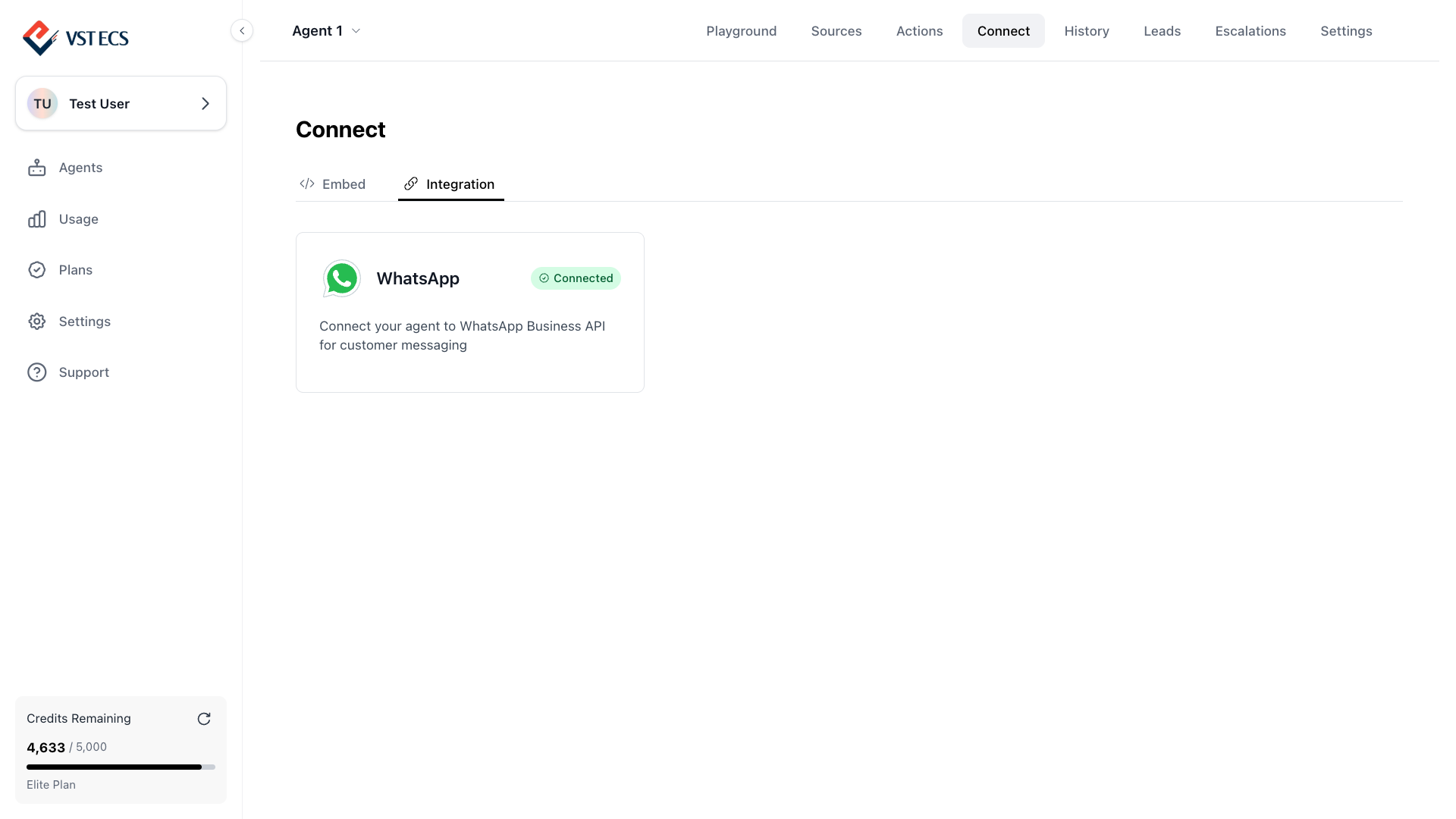 Connect page Integration tab showing the WhatsApp card with a green Connected badge