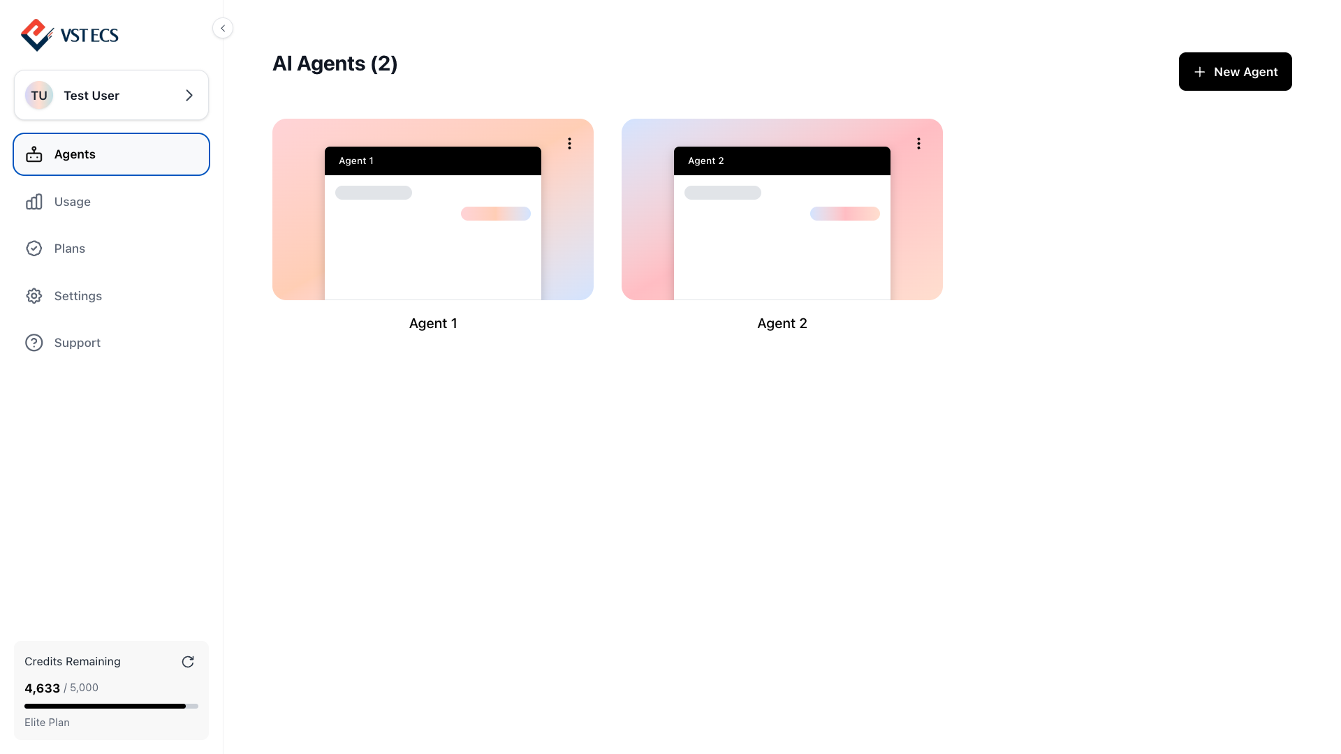 AI Agents page showing two agents and the sidebar navigation