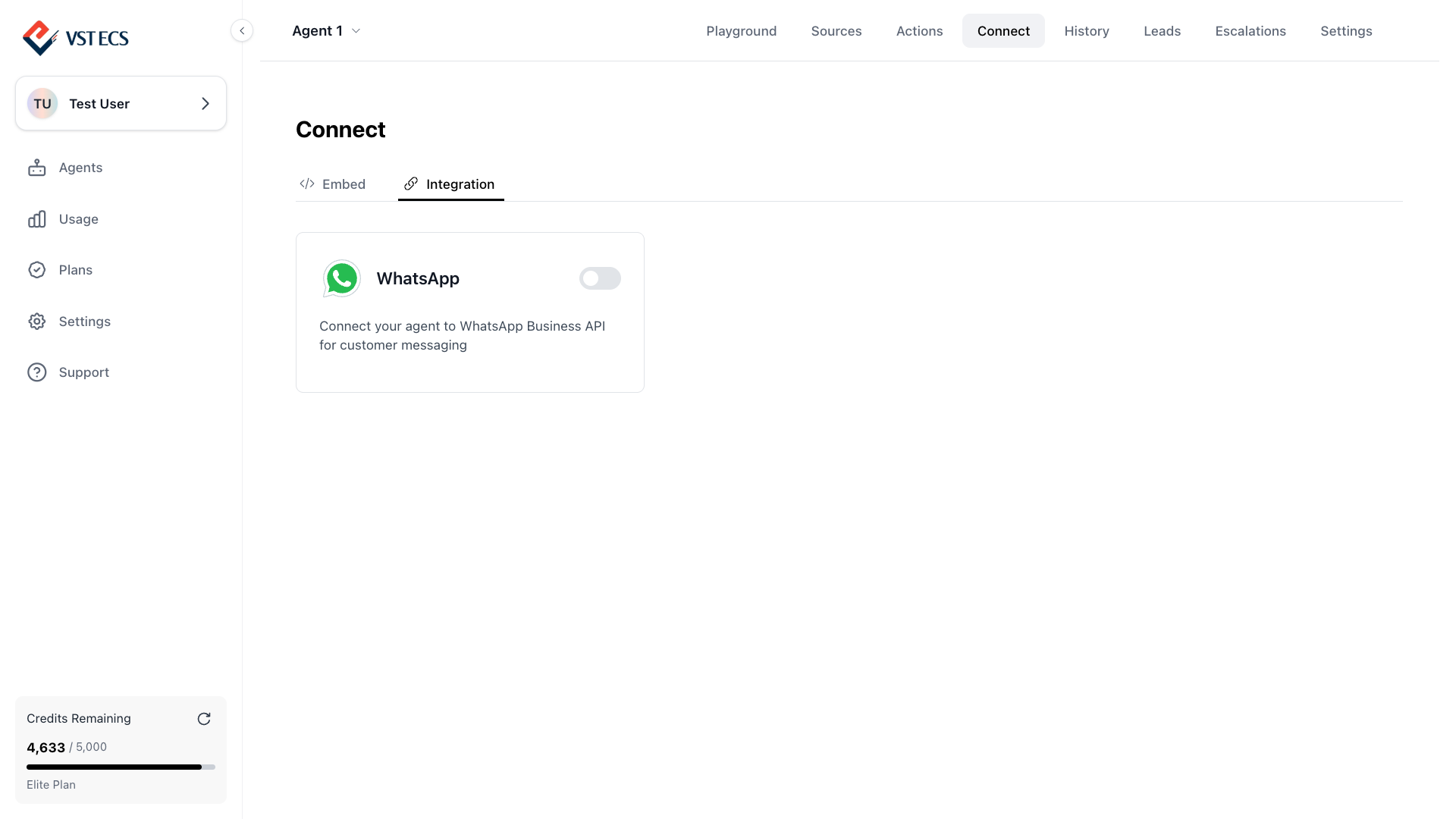 Connect page - Integration tab with the WhatsApp card and toggle switch
