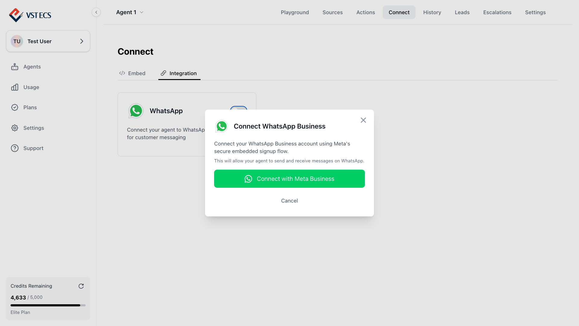 Connect WhatsApp Business modal with the Connect with Meta Business button
