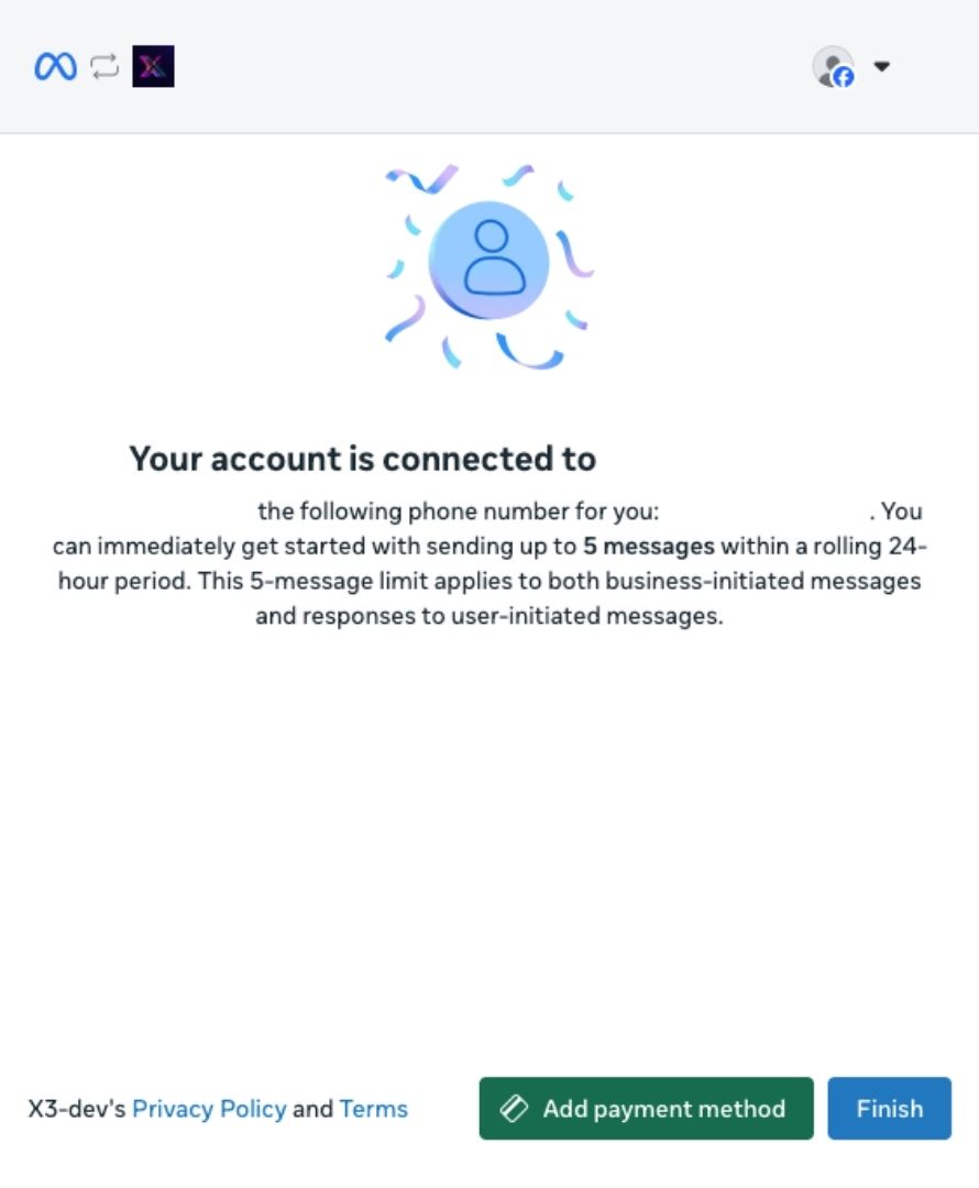 Meta Embedded Signup popup showing the account connected confirmation screen
