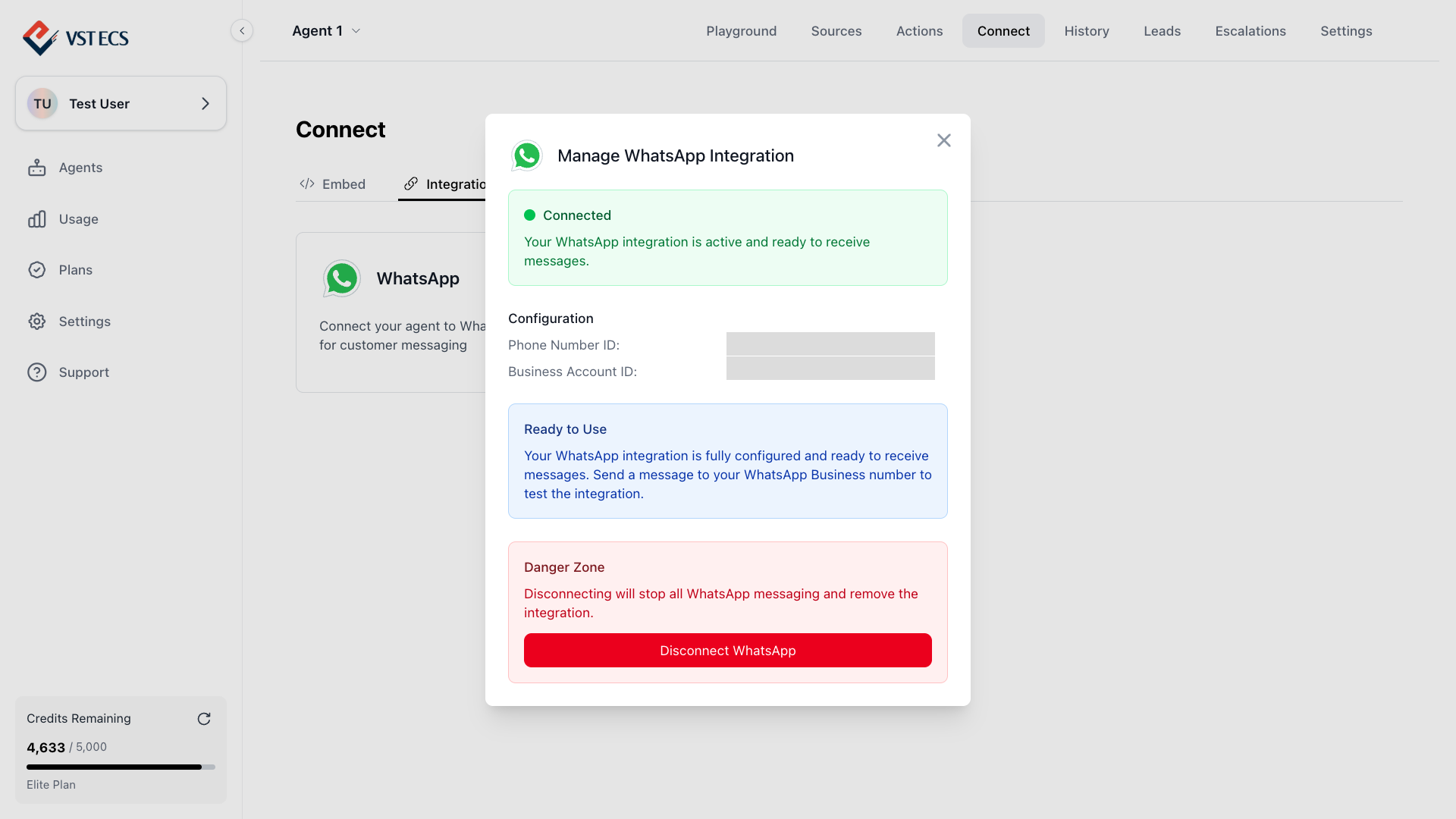 Connect page showing the WhatsApp card with green Connected badge