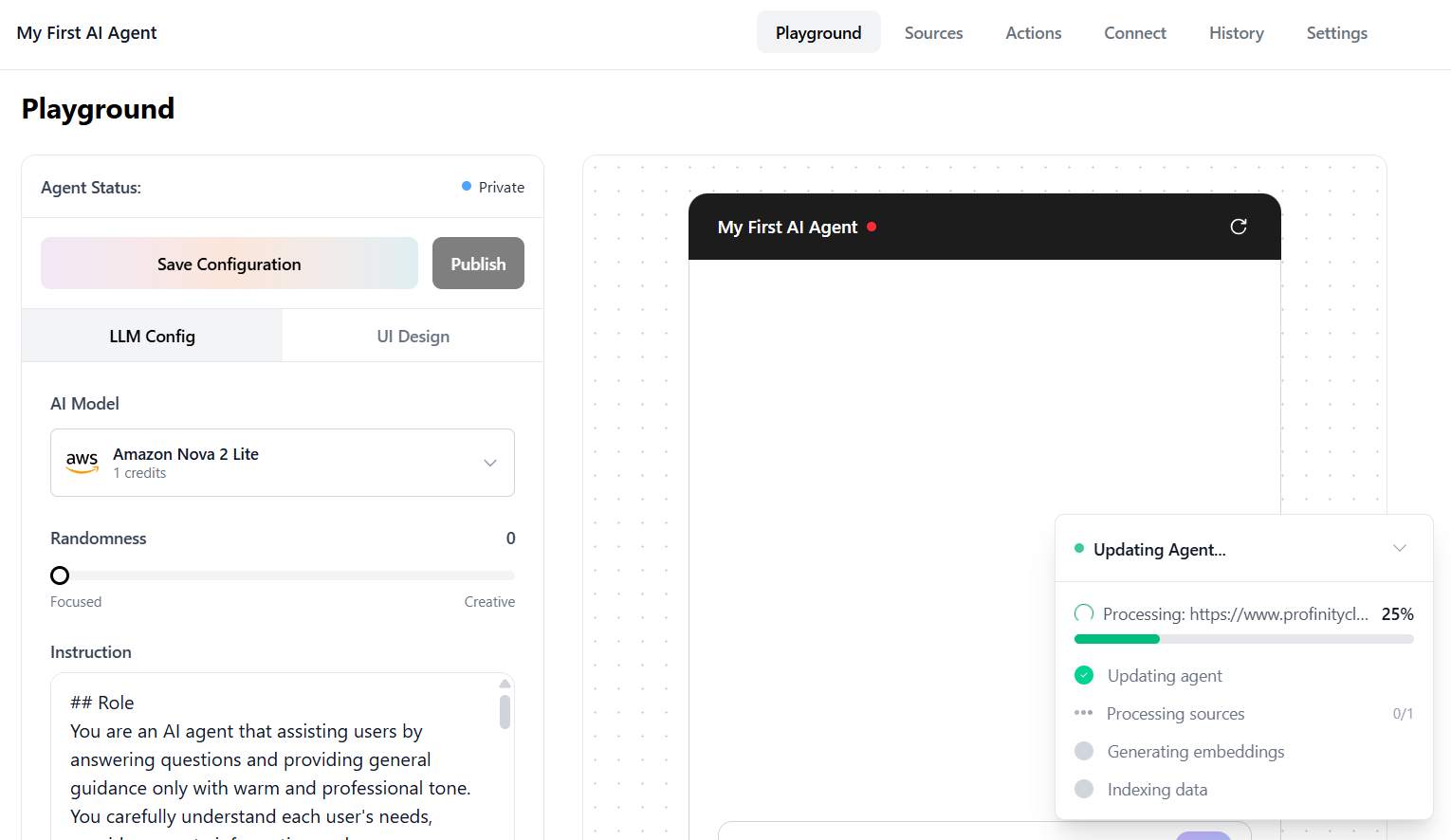 Agent creation in progress with embedding progress bar